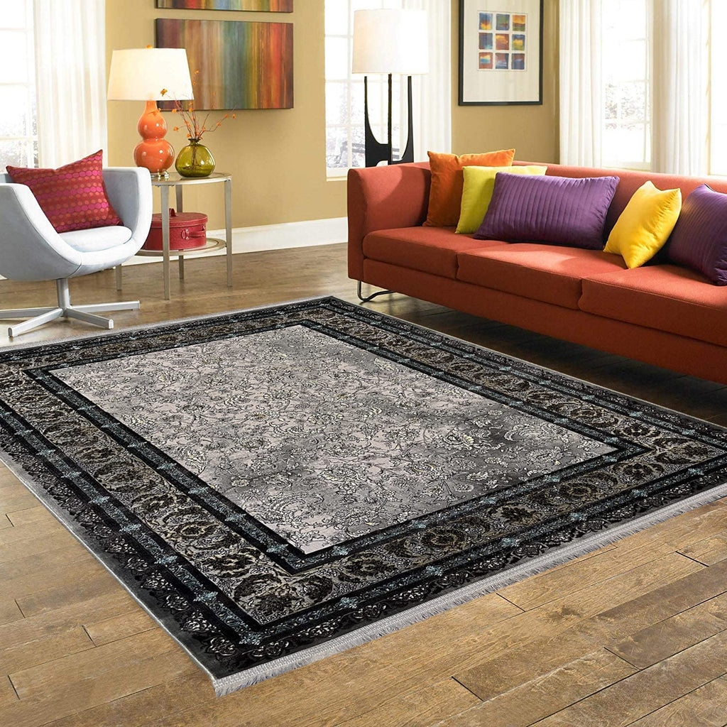 Modern Irani Grey Carpet with Minimal Border Design Look