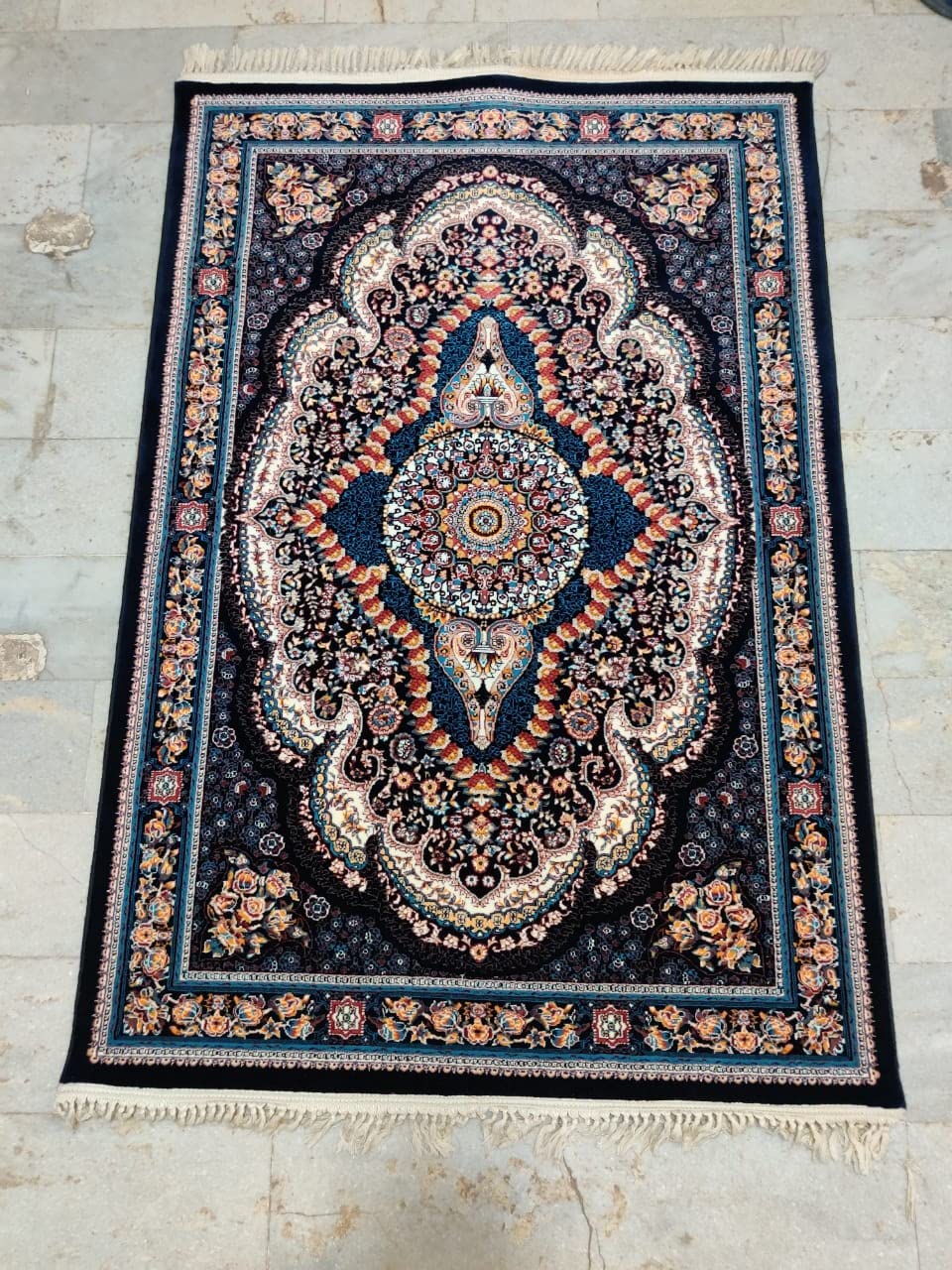Dark Navy Irani Carpet with Dense Ornamental Medallion Motif
