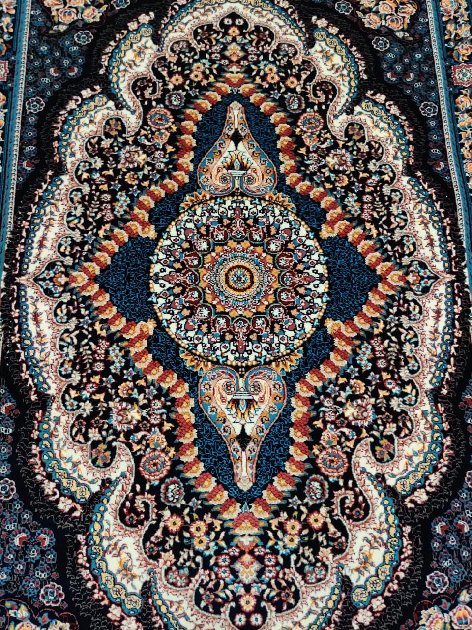 Dark Navy Irani Carpet with Dense Ornamental Medallion Motif