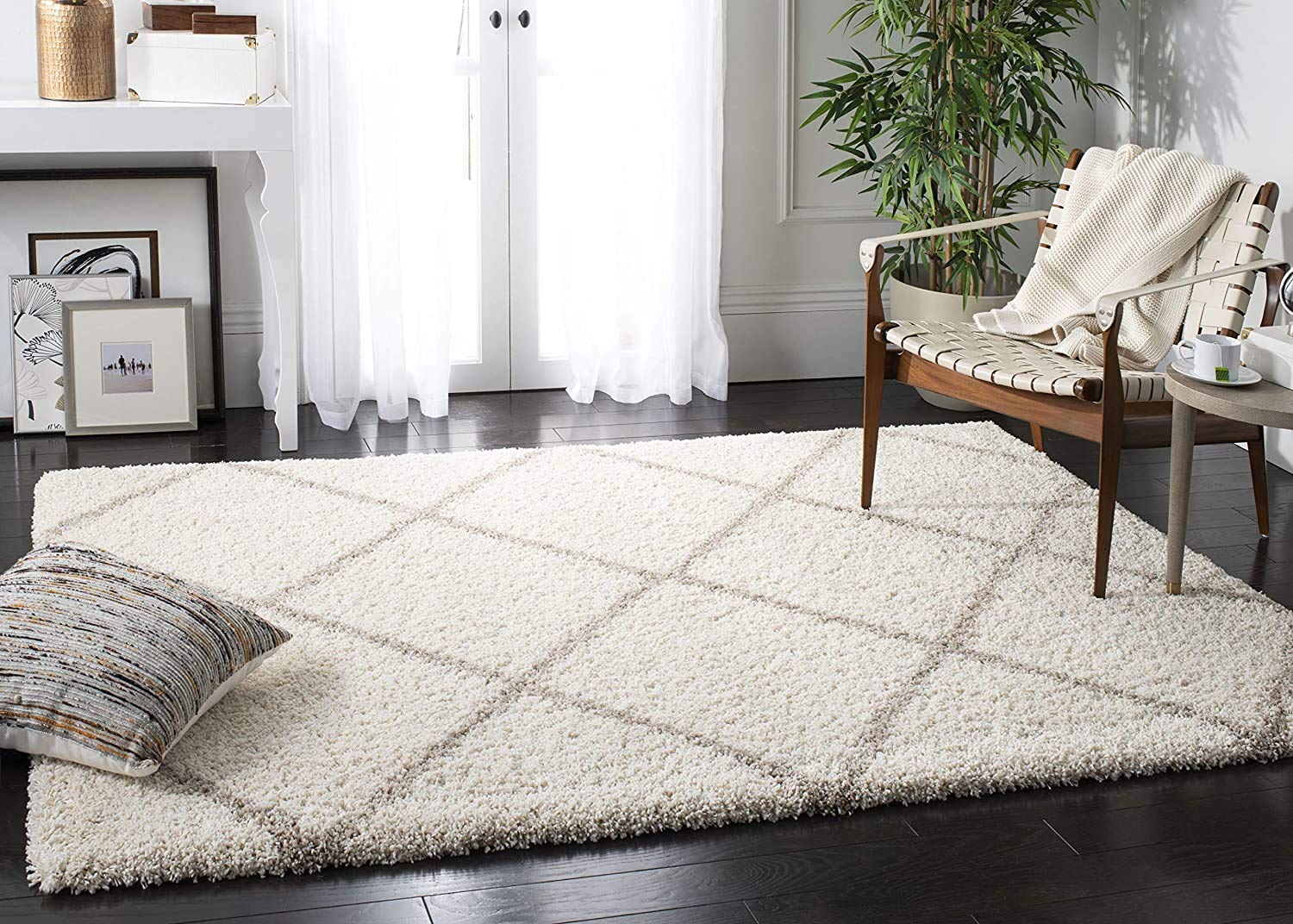 Contemporary Cream Diamond Grid Carpet & Rug