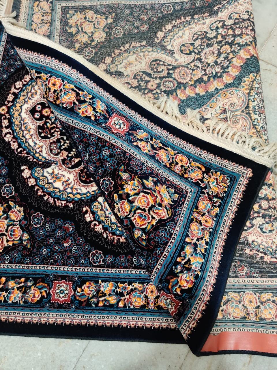 Dark Navy Irani Carpet with Dense Ornamental Medallion Motif