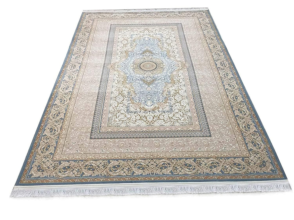 Soft Beige Irani Silk Carpet with Subtle Elegant Border Design