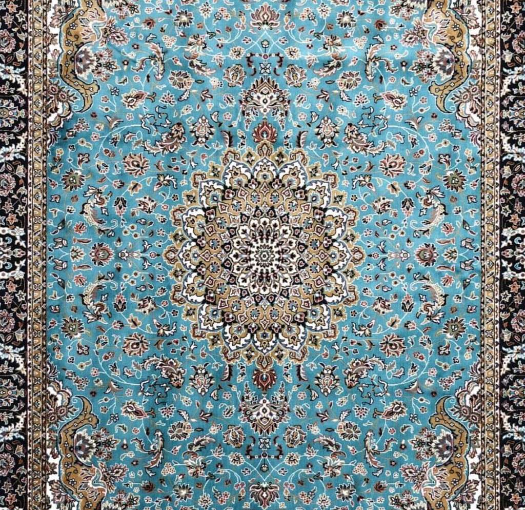 Turquoise Silk Persian Carpet with Floral Medallion & Ornate Border