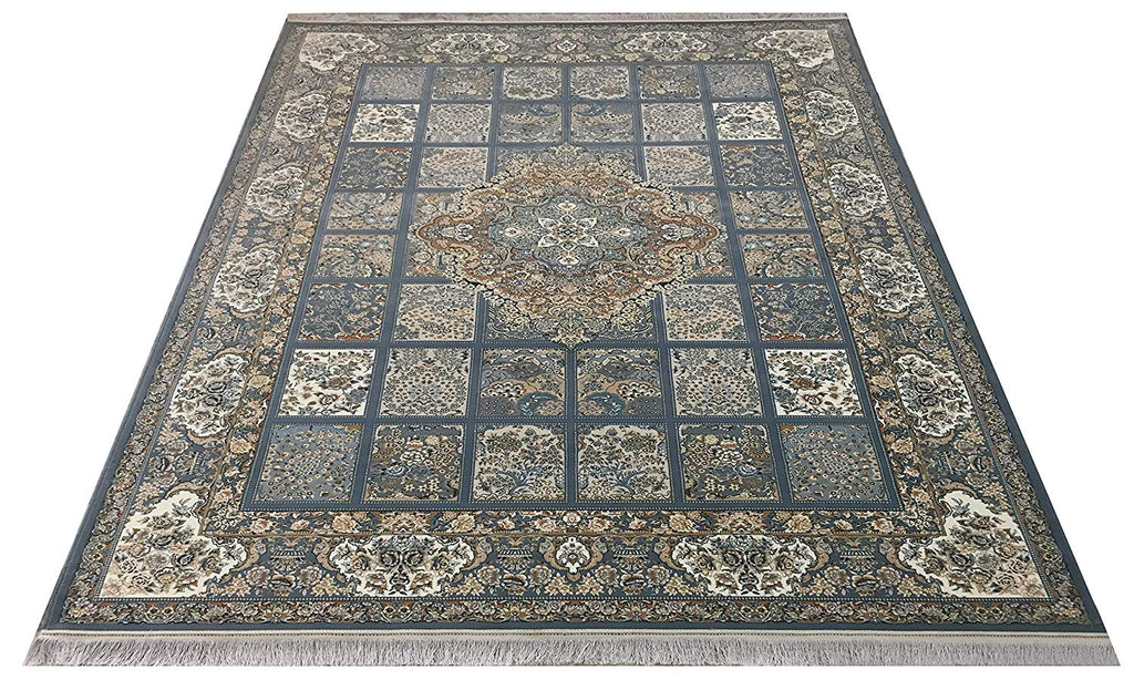 Unique Irani Grid Pattern Carpet with Central Medallion Accent