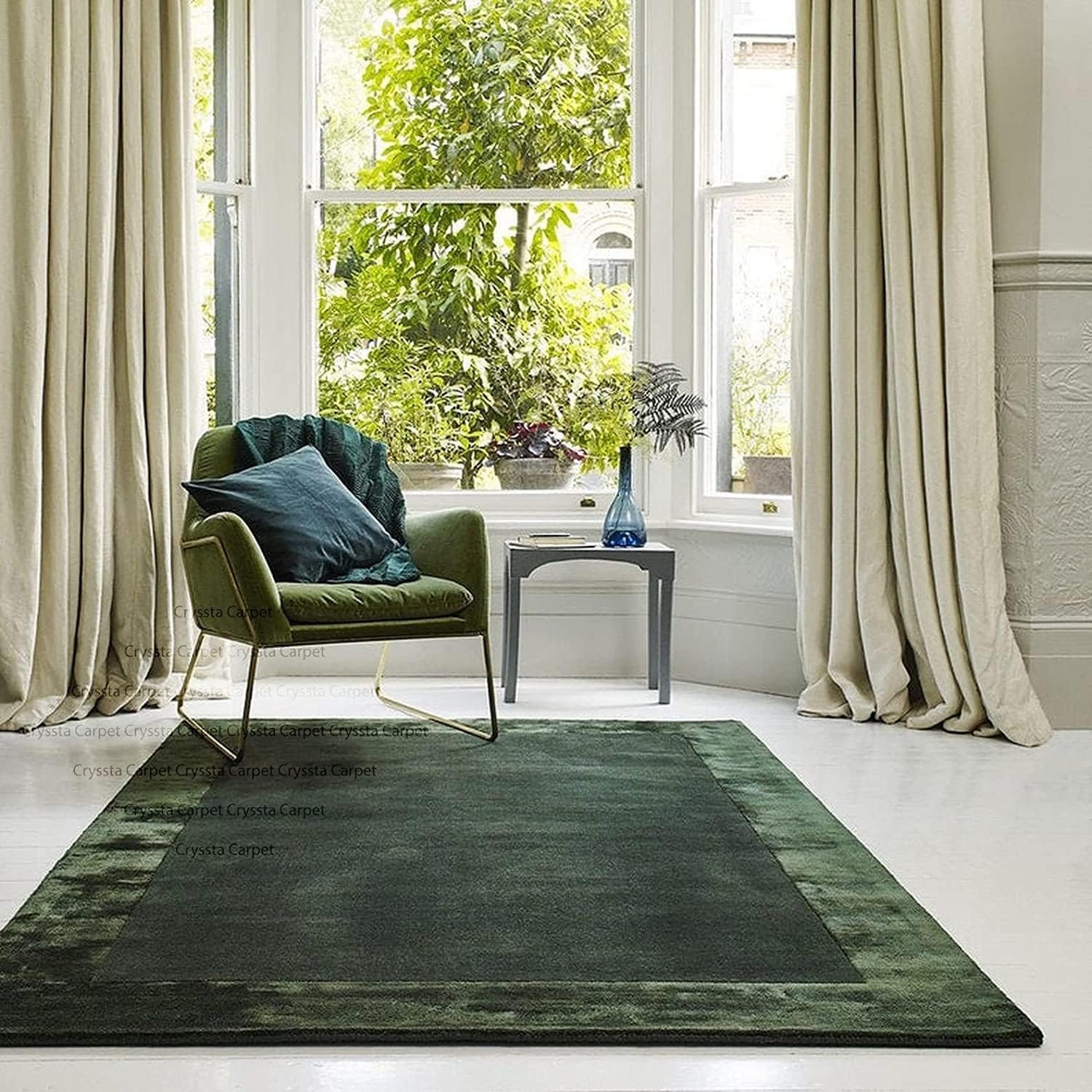 Olive Green Border Wool & Viscose Carpet