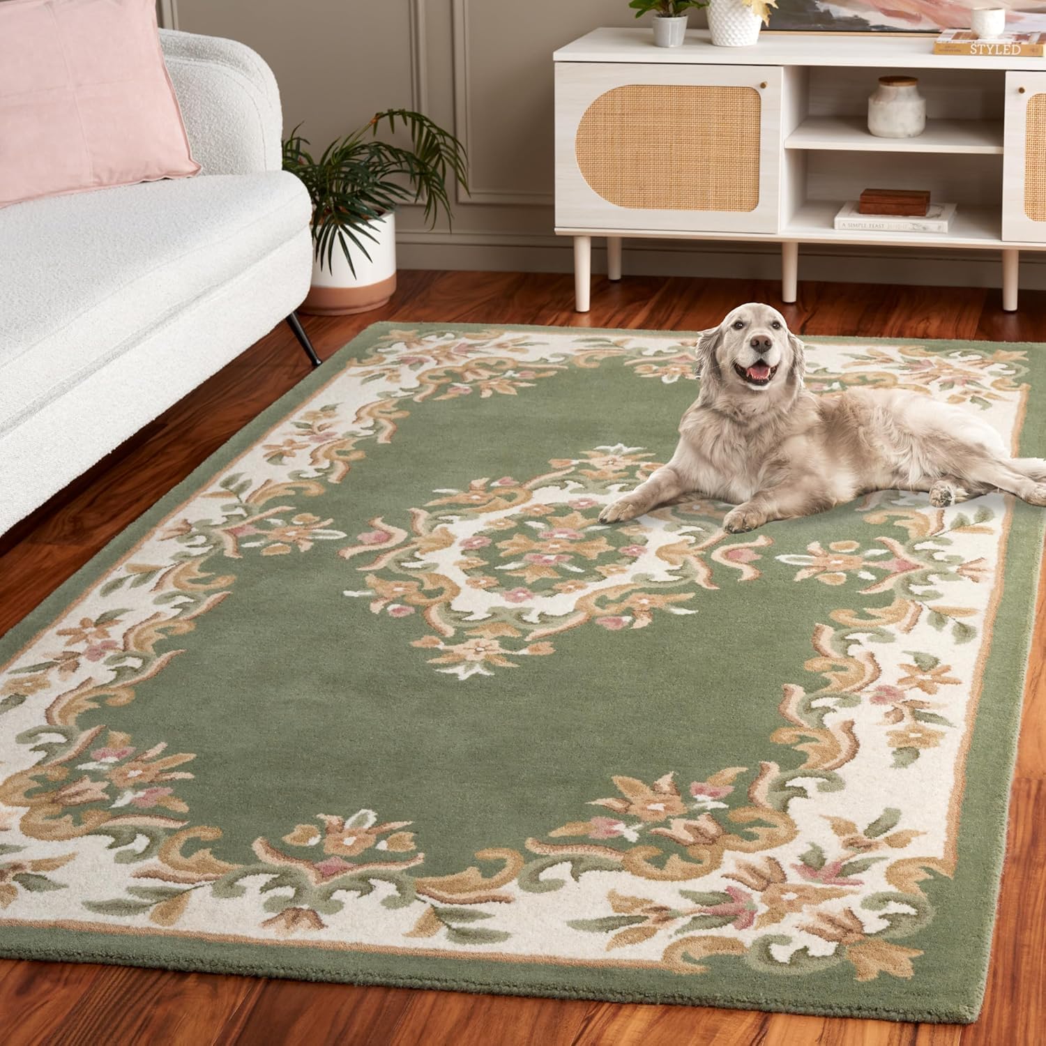 Sage Green Floral Border Carpet & Rug