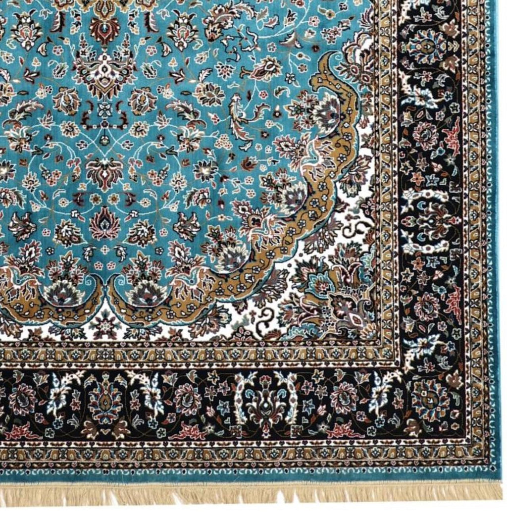 Turquoise Silk Persian Carpet with Floral Medallion & Ornate Border