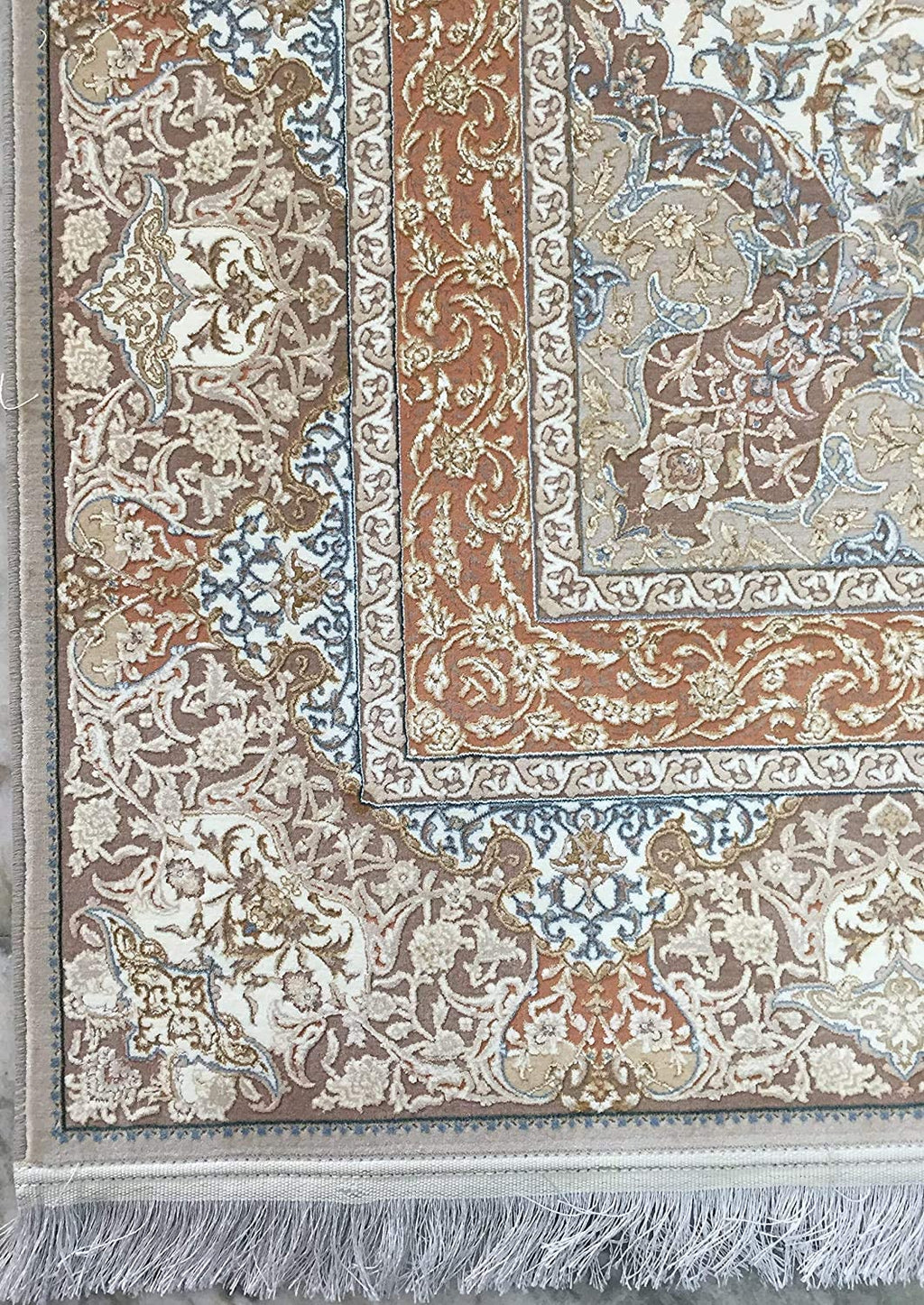 Classic Beige Irani Medallion Carpet with Ornate Border