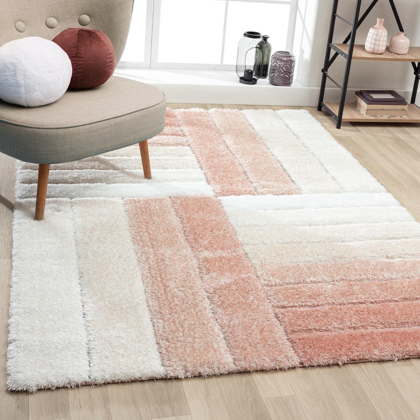 Blush Pink Geometric Block Area Rug