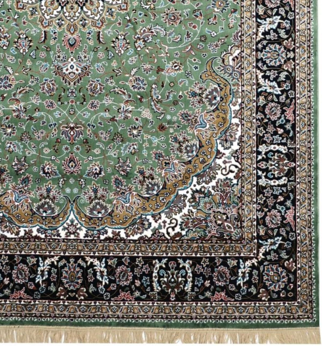 Green Persian Silk Medallion Border Rug