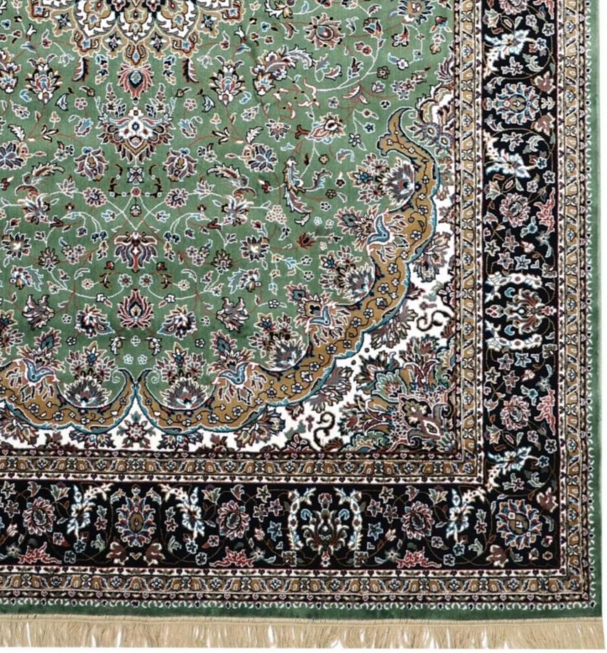 Green Persian Silk Medallion Border Rug