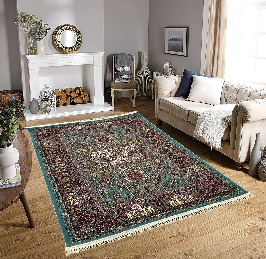 Traditional Irani Green Carpet with Rich Multi Floral Pattern