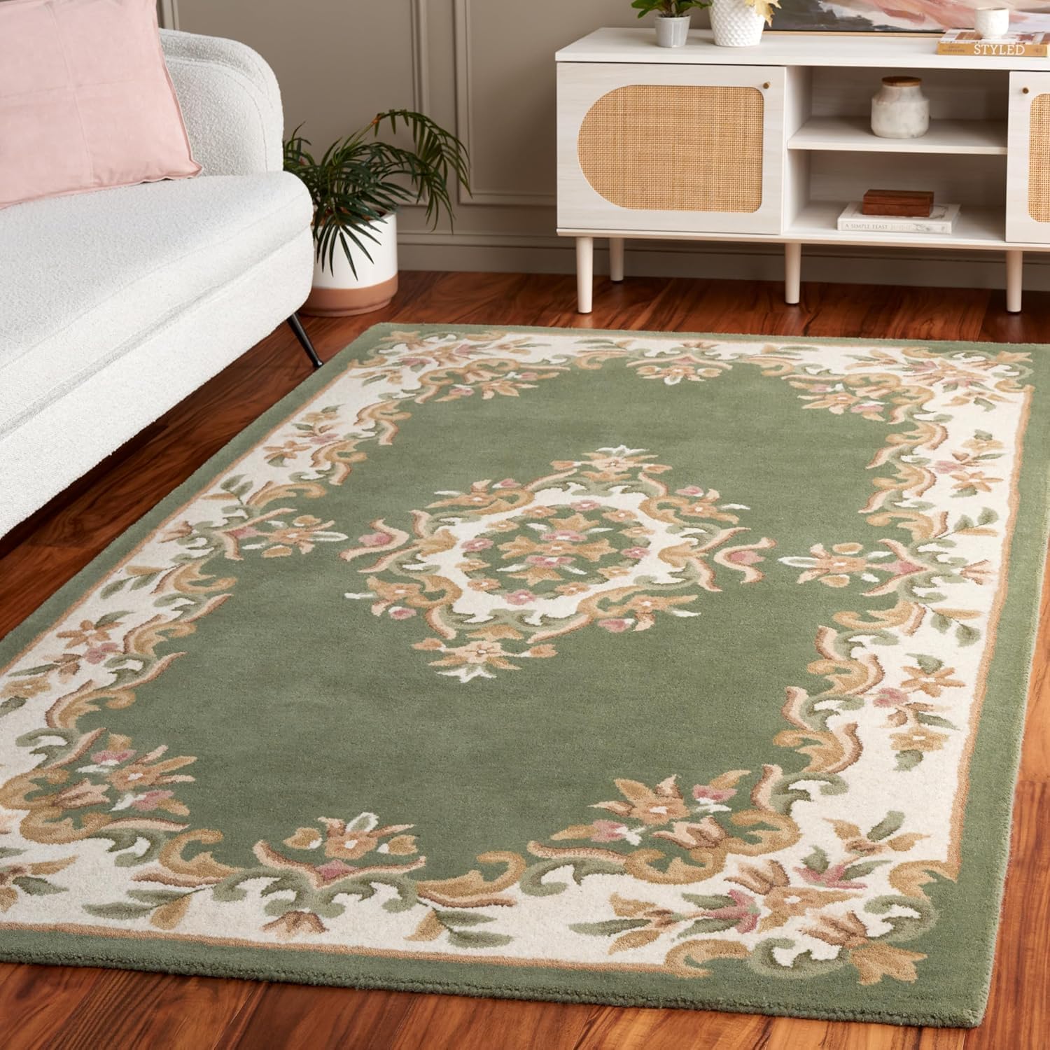 Sage Green Floral Border Carpet & Rug