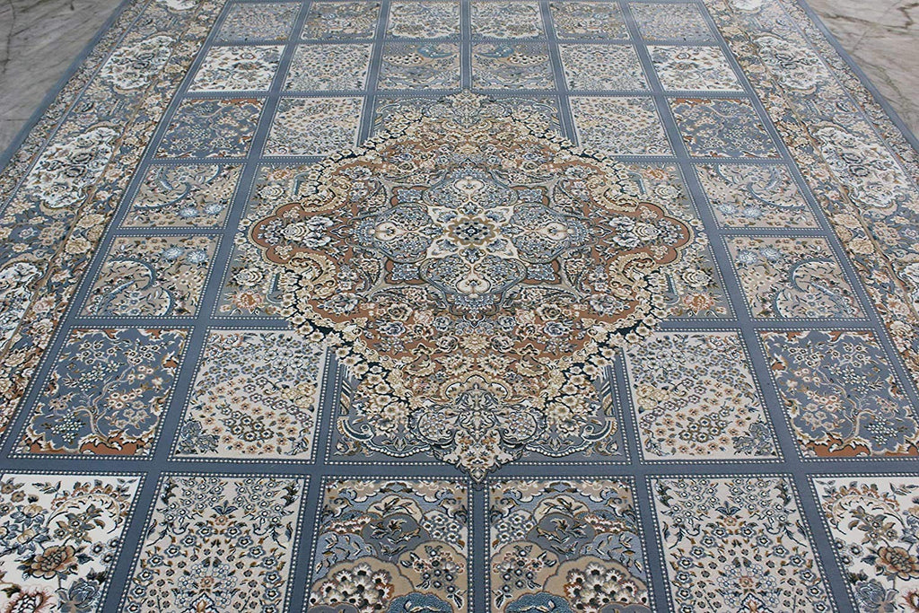 Unique Irani Grid Pattern Carpet with Central Medallion Accent
