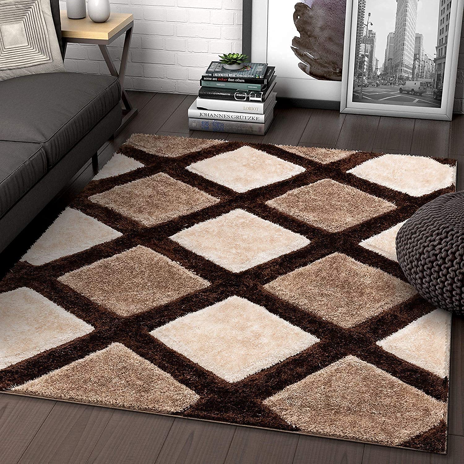 Brown Stylish diamond trellis design carpet & Rug