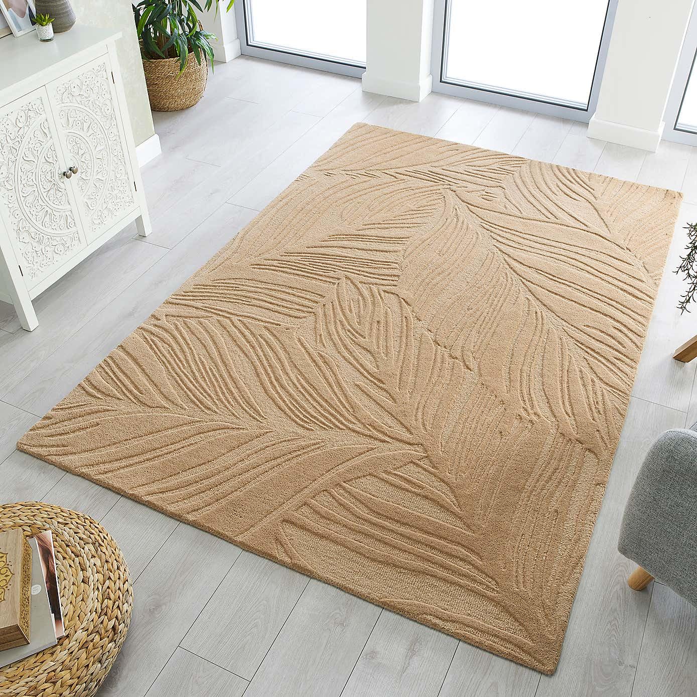 Beige Textured Leaf Hand Tufted Carpet