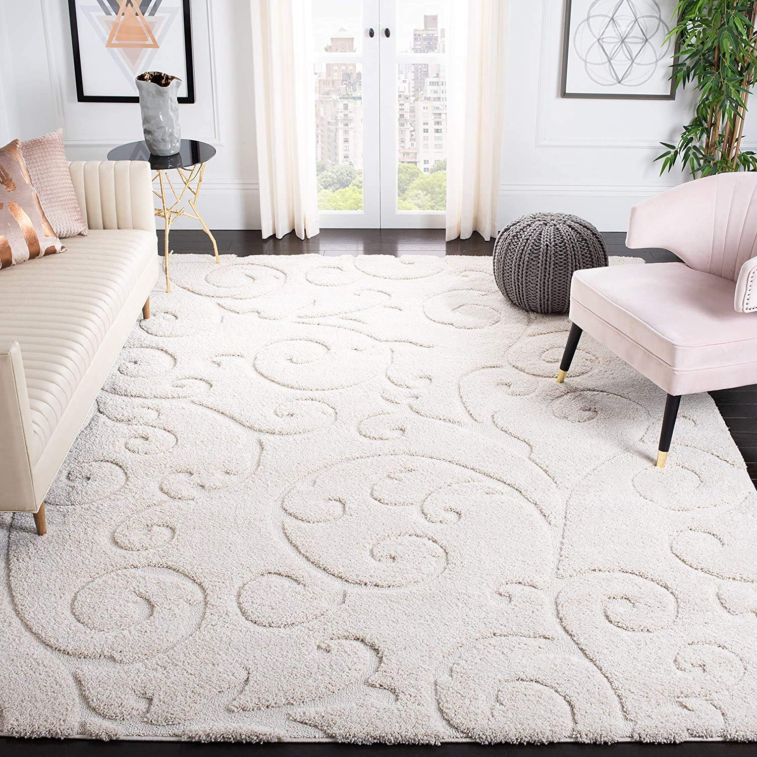 Ivory Floral Scroll Shaggy Carpet