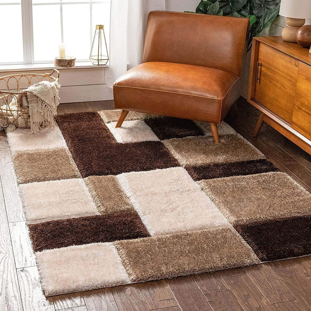 Contemporary Brown Geometric Check Carpet & Rug