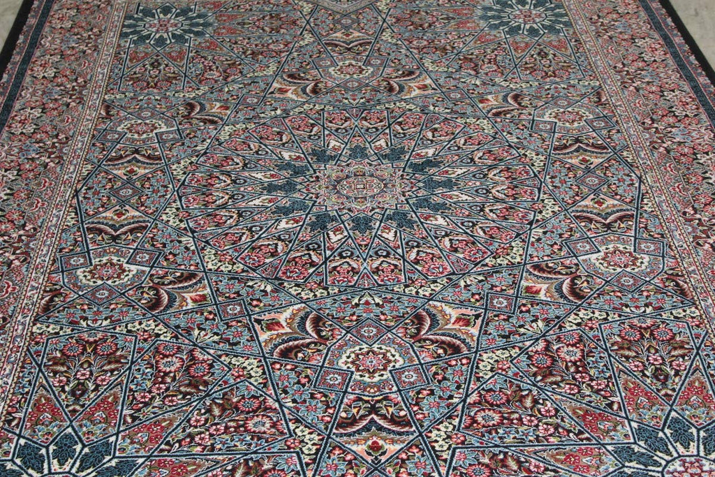 Classic Blue Irani Carpet with Central Floral Medallion Layout