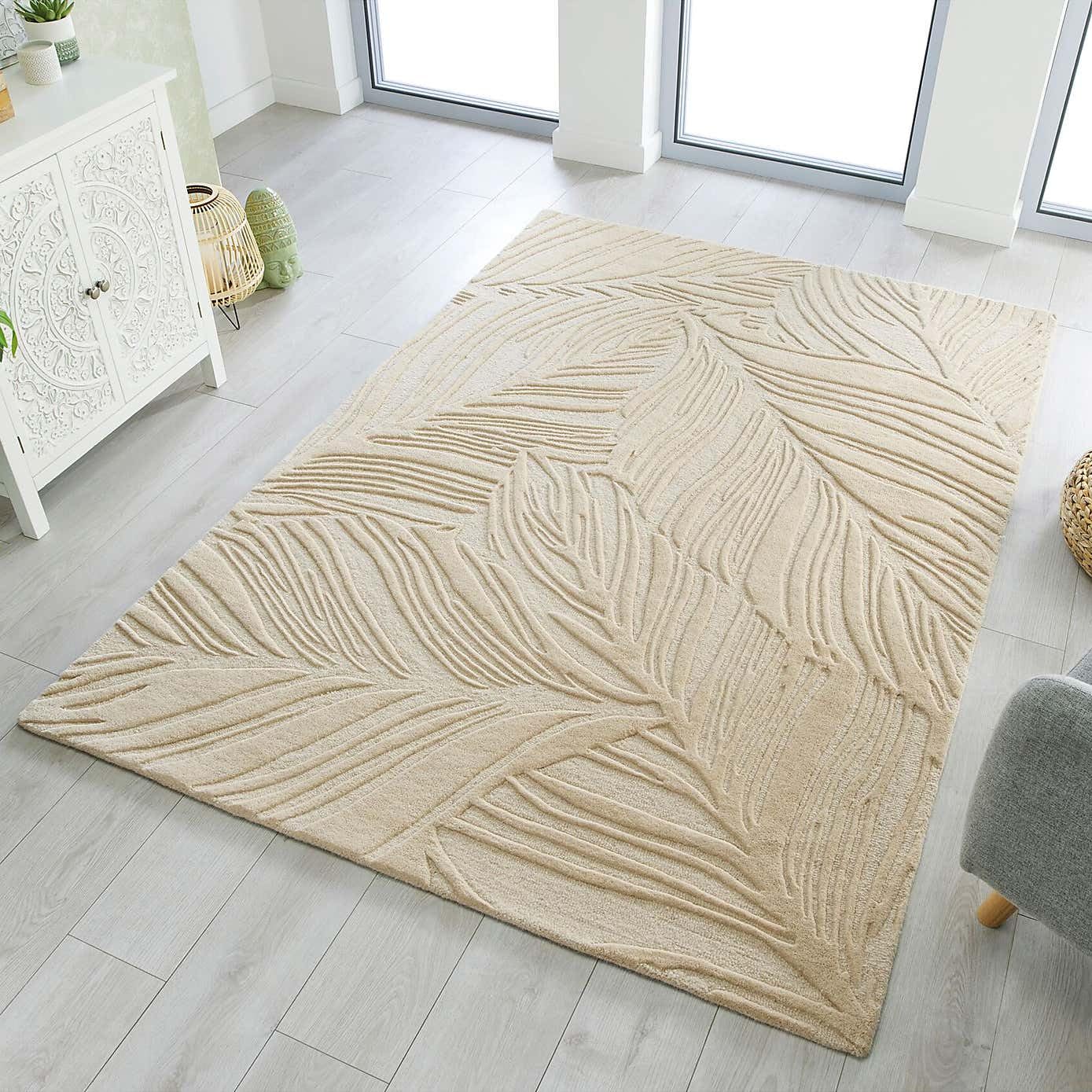 Beige Leaf Textured Wool Rug