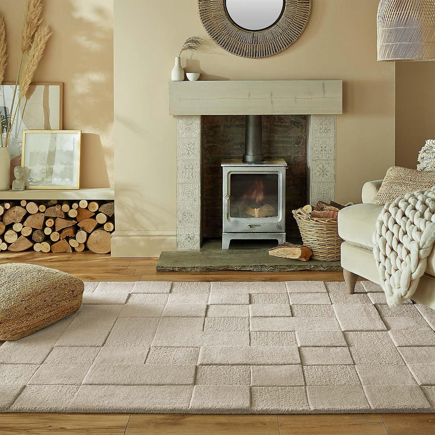 Subtle Beige Patchwork Handmade Wool Carpet