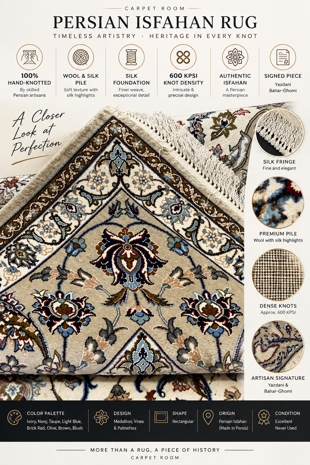Hand Knotted Persian Isfahan Wool and Silk Medallion Rug