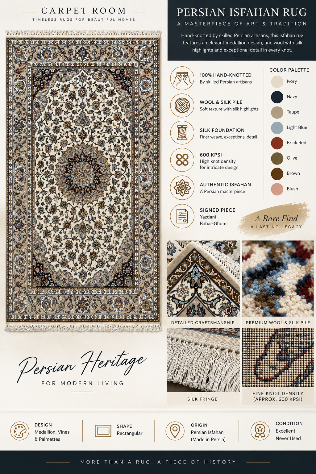Hand Knotted Persian Isfahan Wool and Silk Medallion Rug