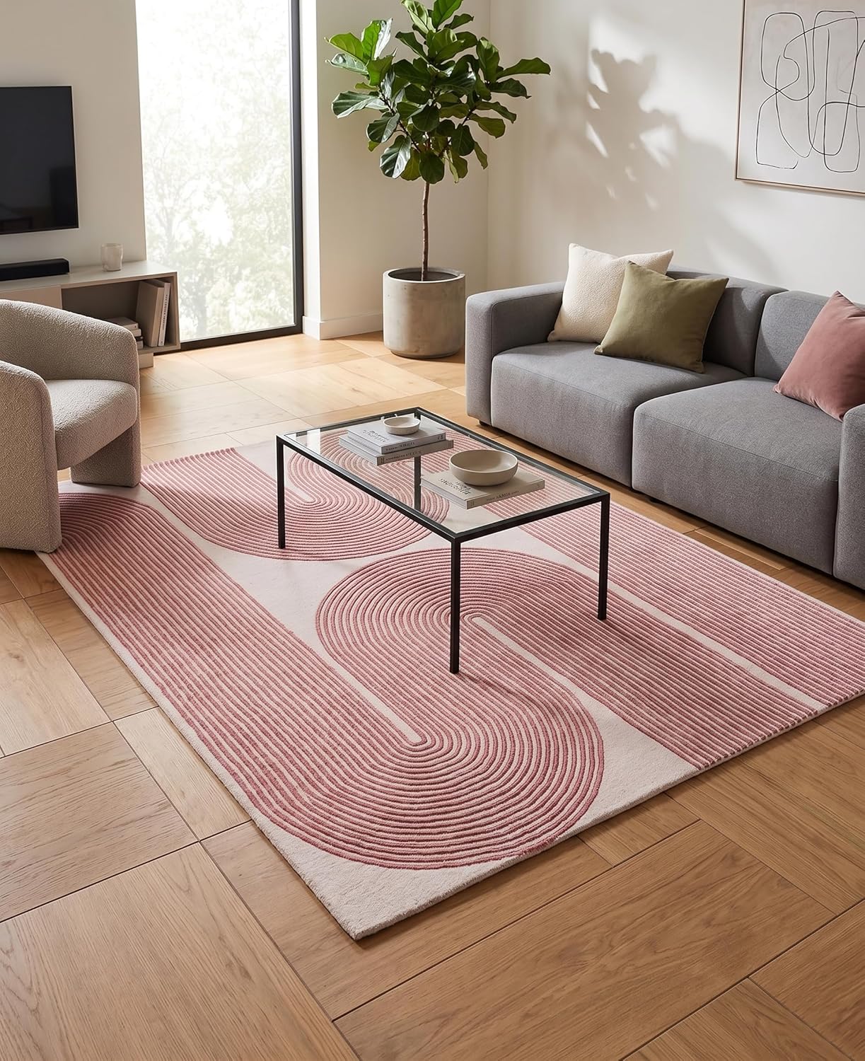 Pink Line Art Contemporary Rug