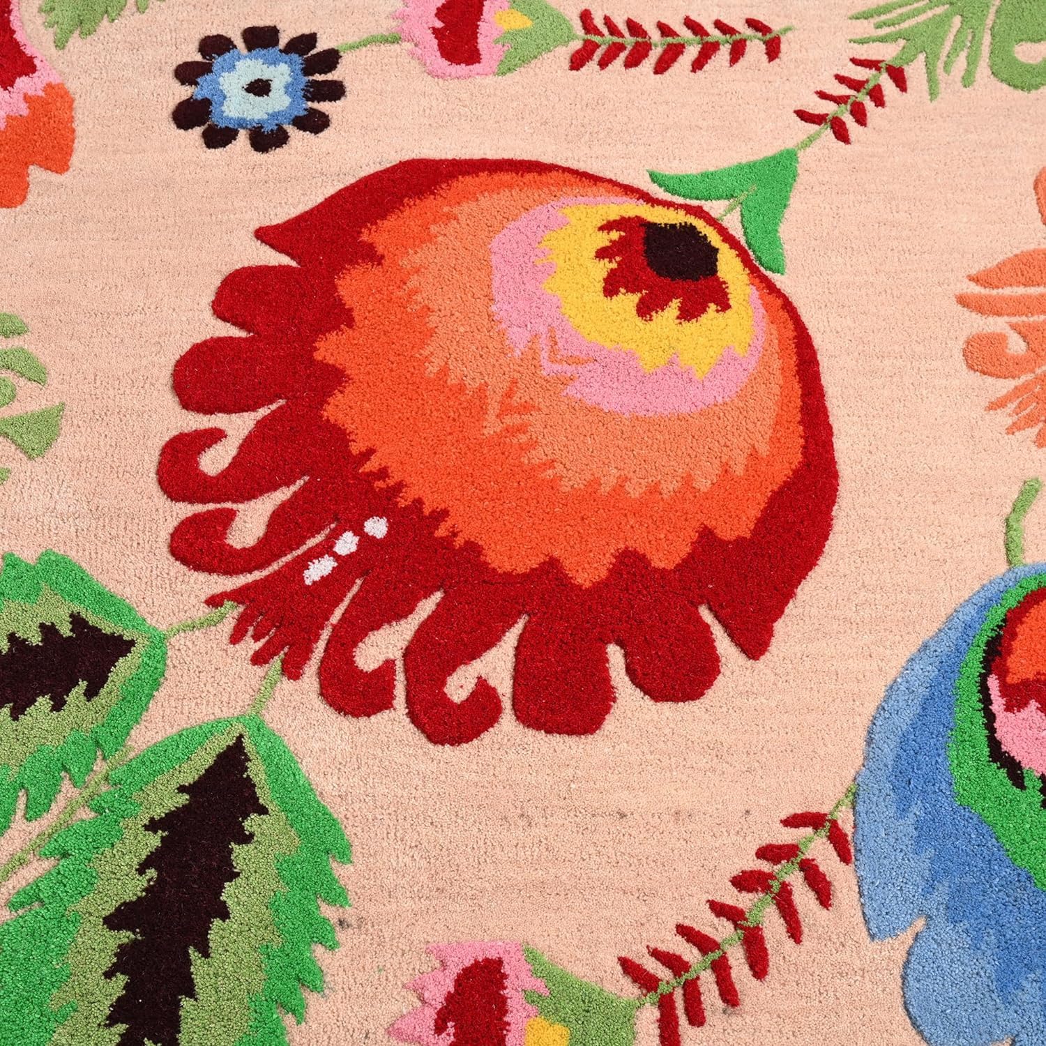 Handmade Colorful Roses Floral Wool Area Rug | Thick & Soft Carpet for Living, Bedroom & Kitchen Deco