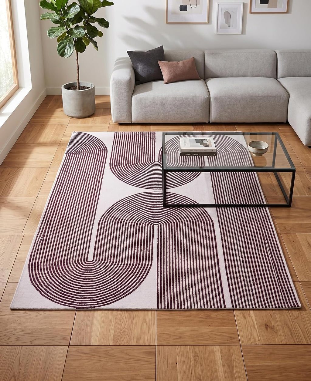 Burgundy Line Art Contemporary Rug