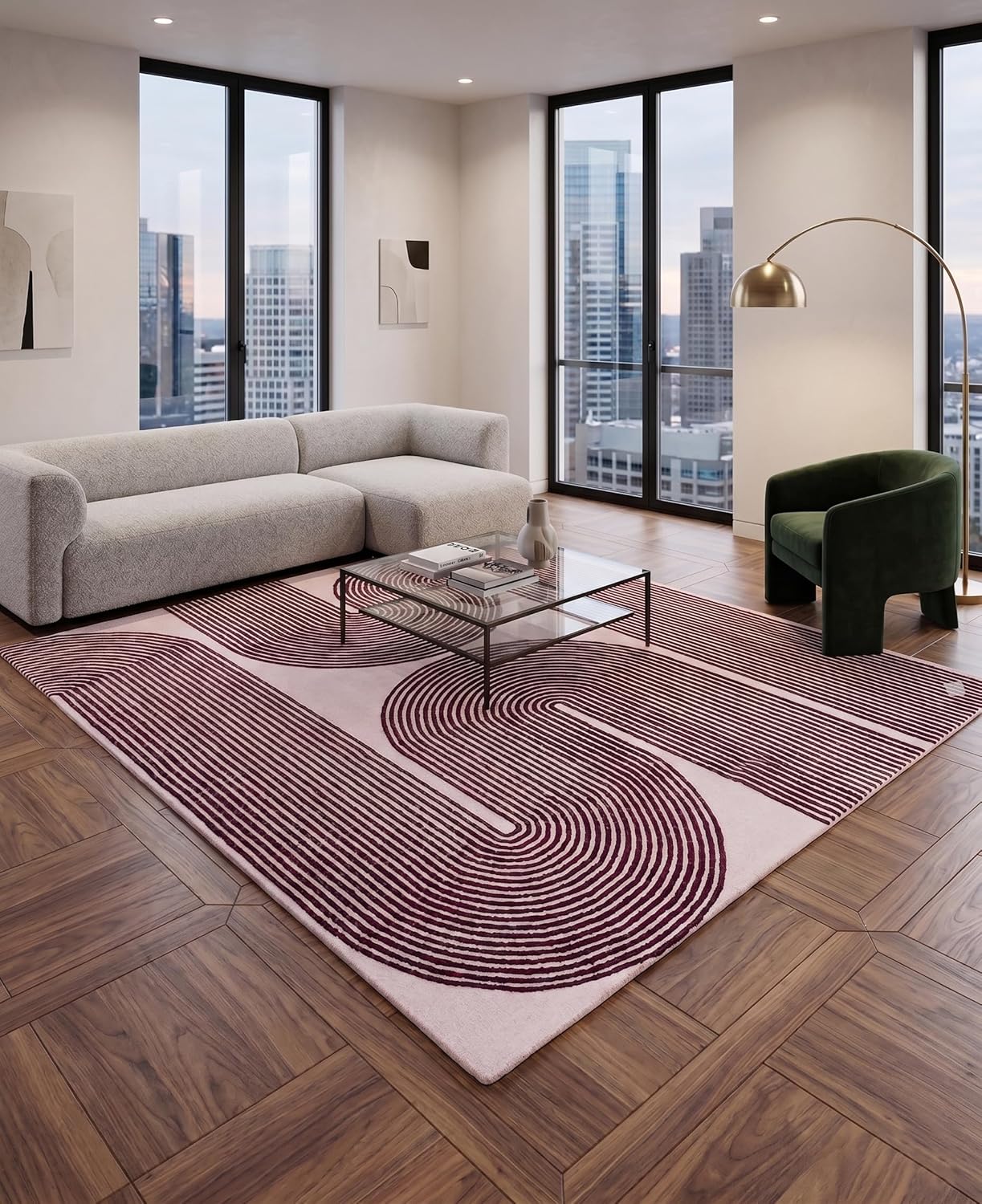 Burgundy Line Art Contemporary Rug