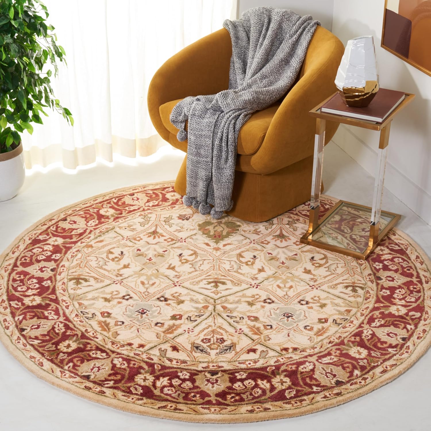 Export Quality Handmade Woollen Round Carpet – Timeless Floral Elegance