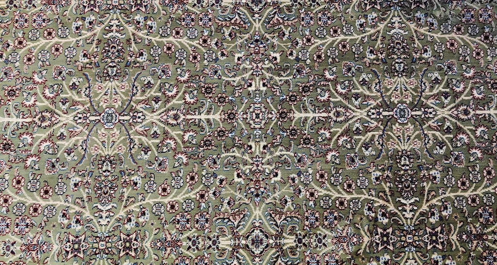 Classic Irani Green Carpet with Dense Vintage Floral Detailing