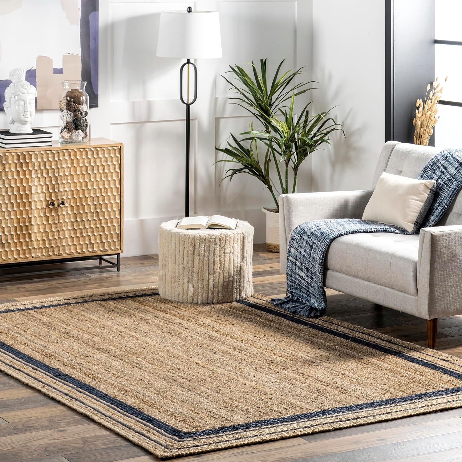 Blue & Natural Concentric Border Jute Carpet