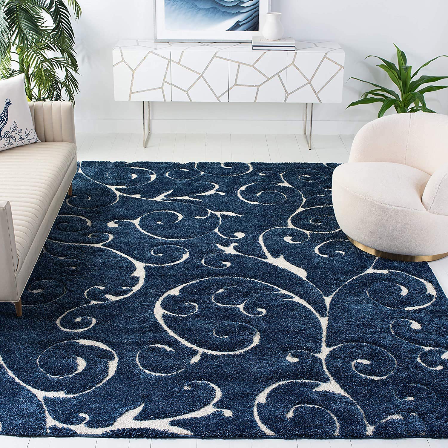 Navy Luxury Scroll Pattern Carpet & Rug