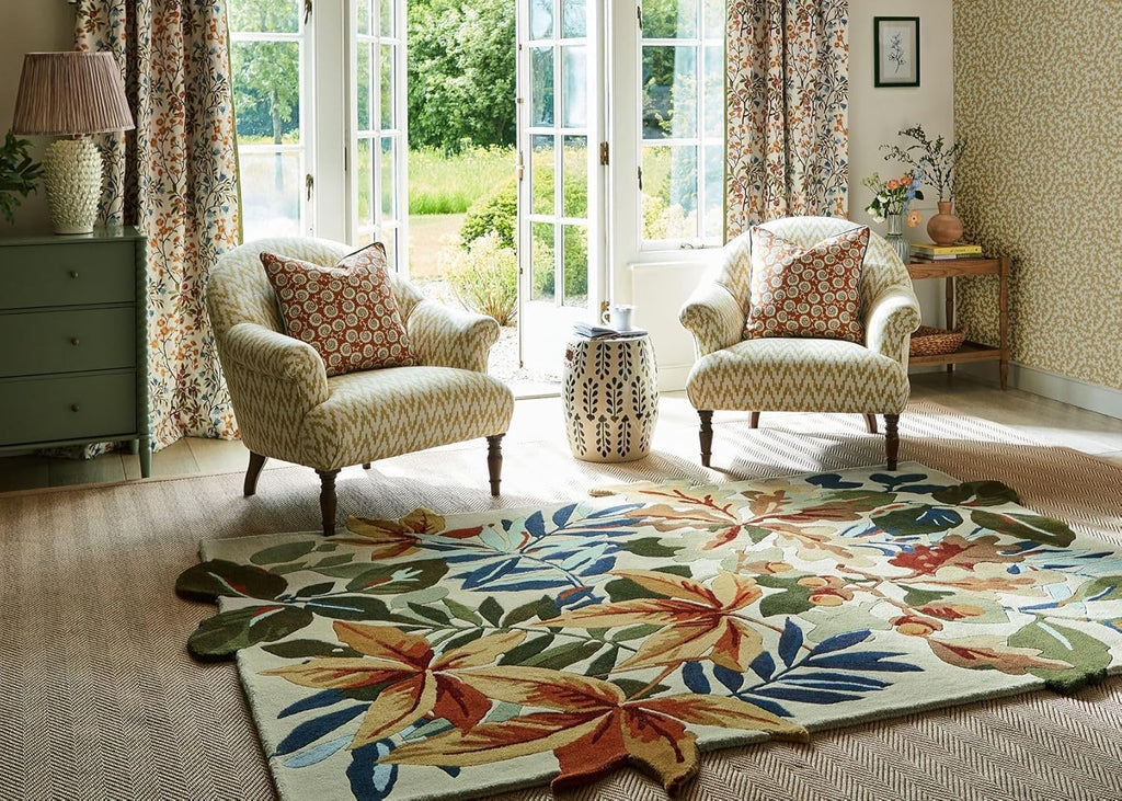 Beige Leaf Motif Decorative Irregular Rug