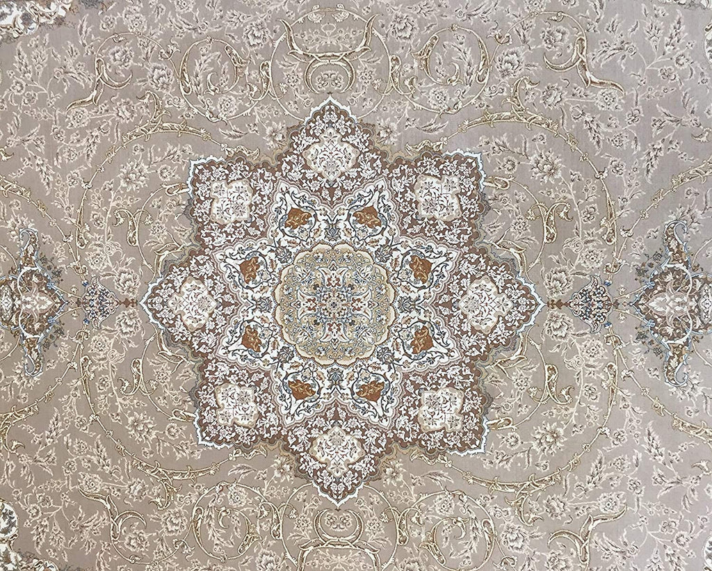 Classic Beige Irani Medallion Carpet with Ornate Border