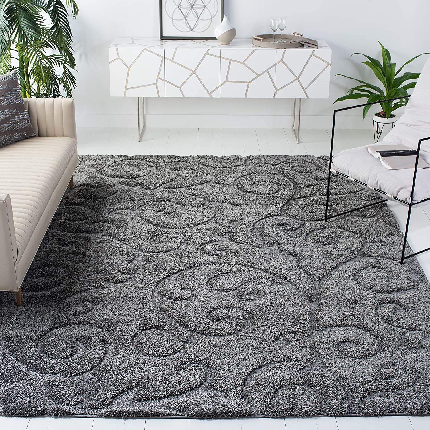 Dark Grey Ornamental Scroll Carpet & Rug