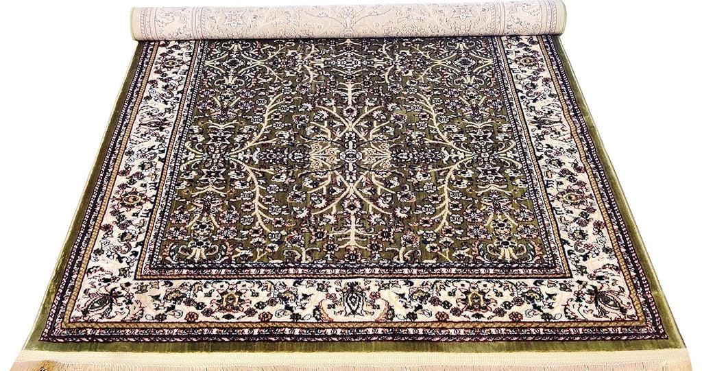Classic Irani Green Carpet with Dense Vintage Floral Detailing