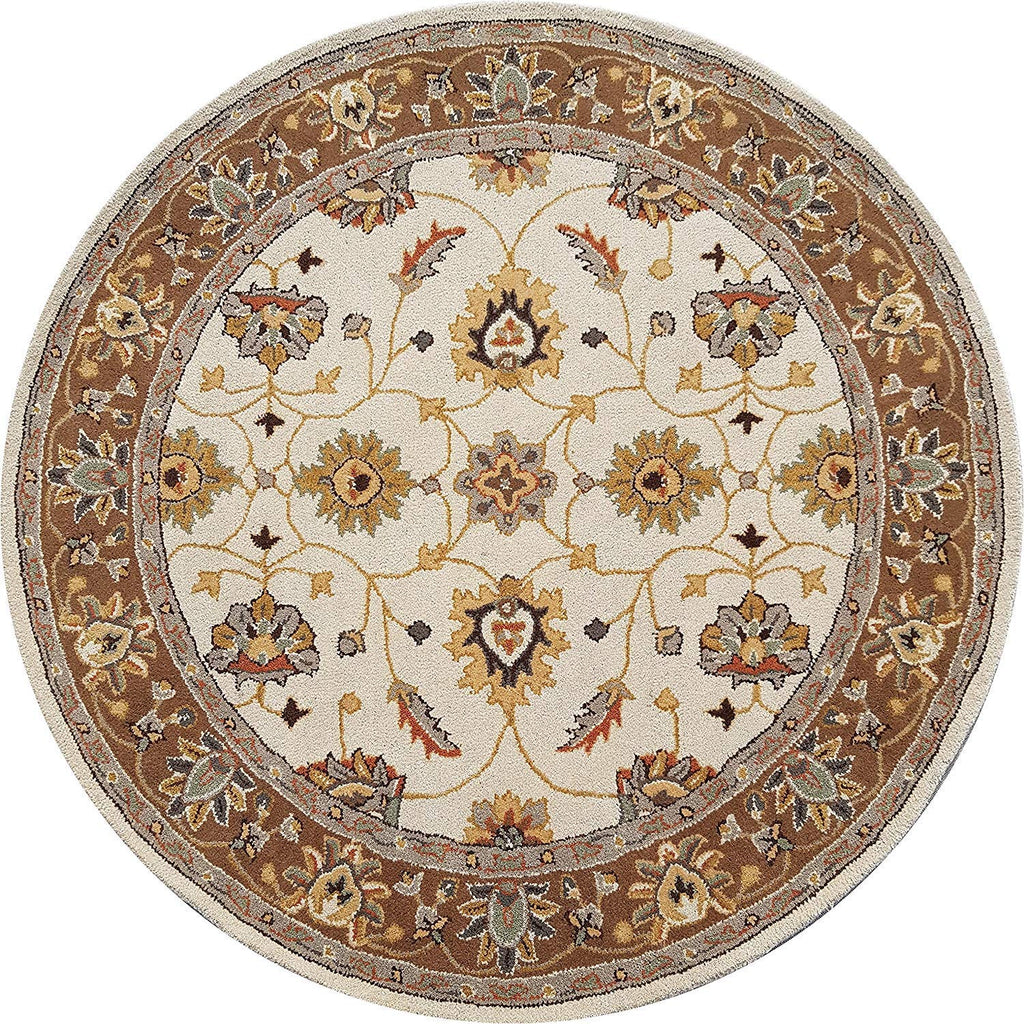 Round Beige Floral Wool Rug