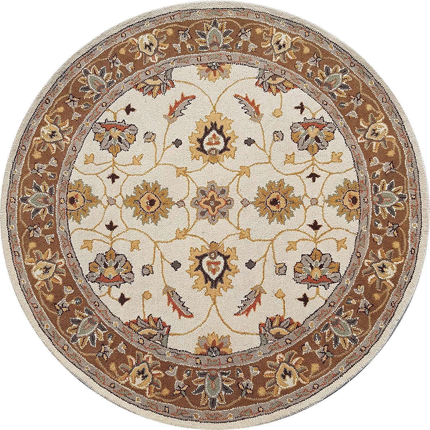 Round Beige Floral Wool Rug