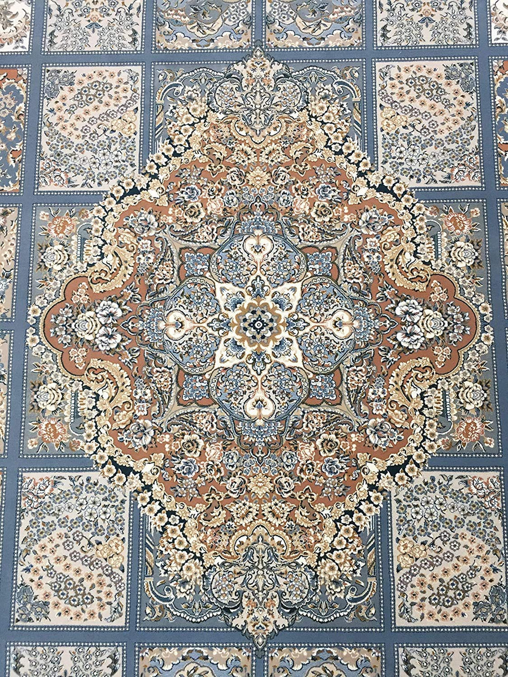 Unique Irani Grid Pattern Carpet with Central Medallion Accent