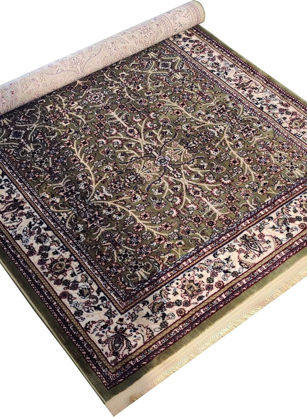 Classic Irani Green Carpet with Dense Vintage Floral Detailing