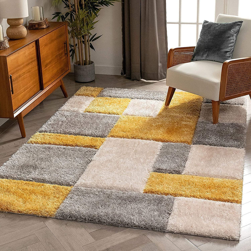 Contemporary Yellow Check Pattern Carpet & Rug