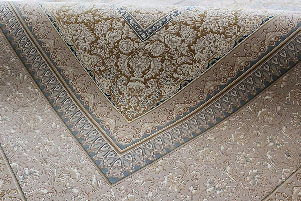 Soft Beige Irani Silk Carpet with Subtle Elegant Border Design