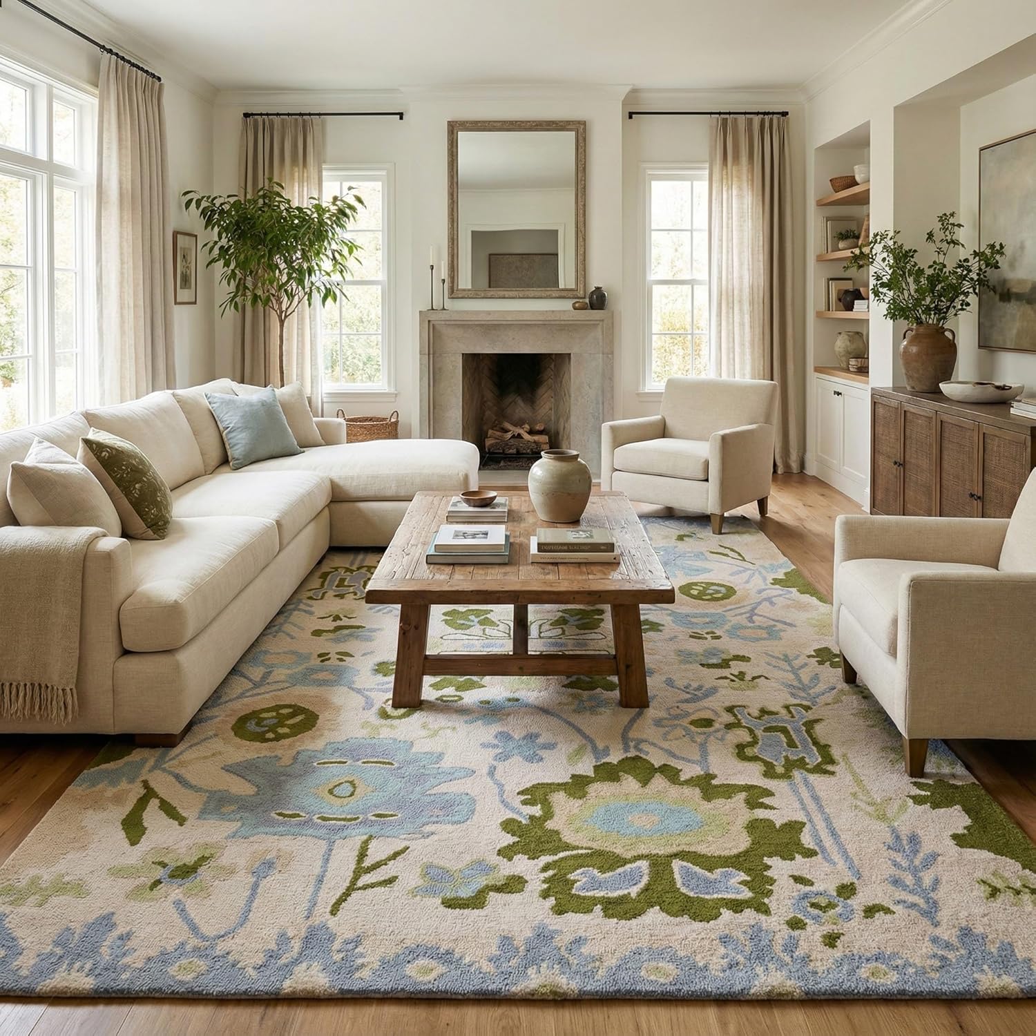 Ivory & Green Artistic Floral Area Rug