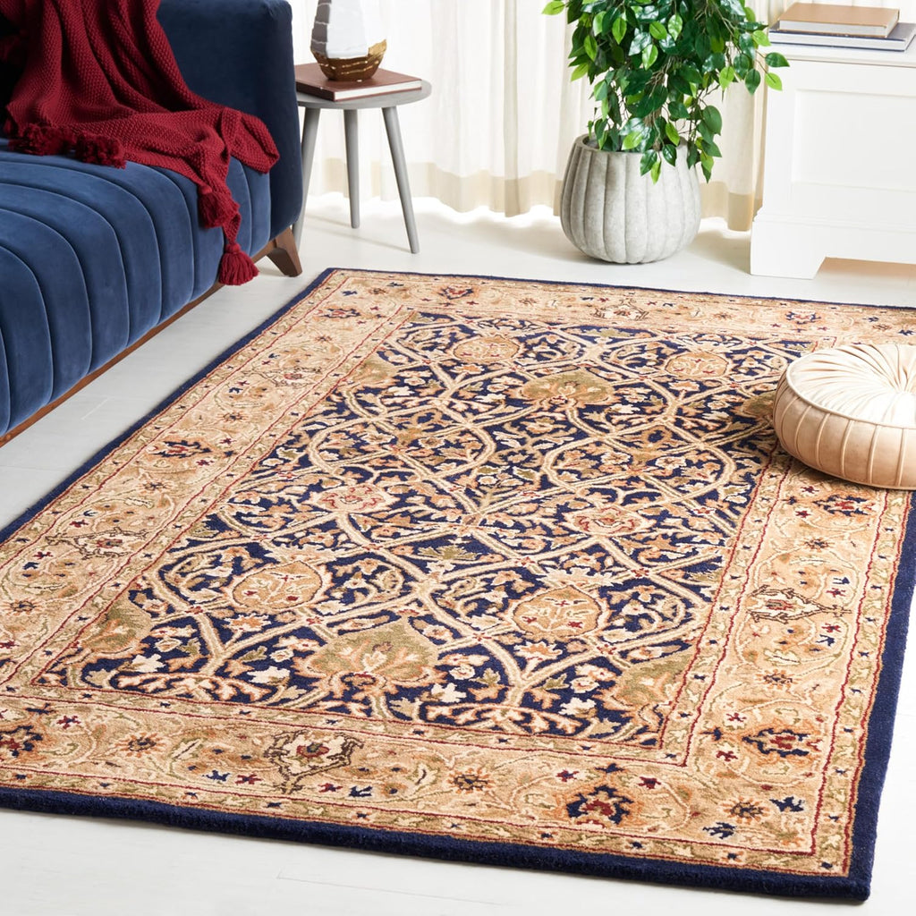 Navy Beige Traditional Border Carpet