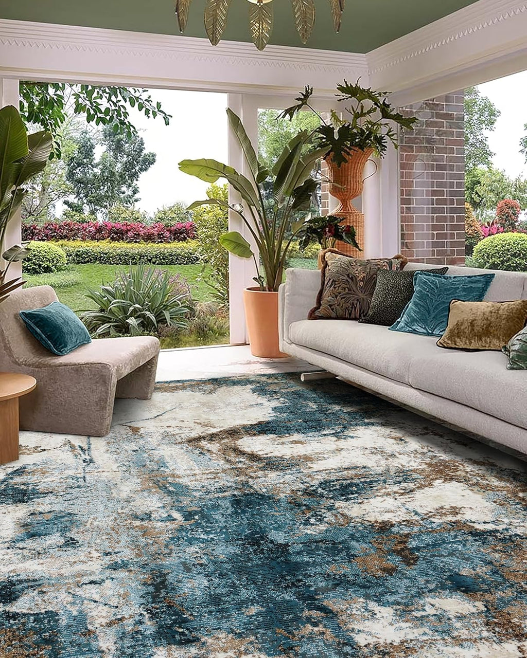 Modern Teal Gold Distressed Area Rug
