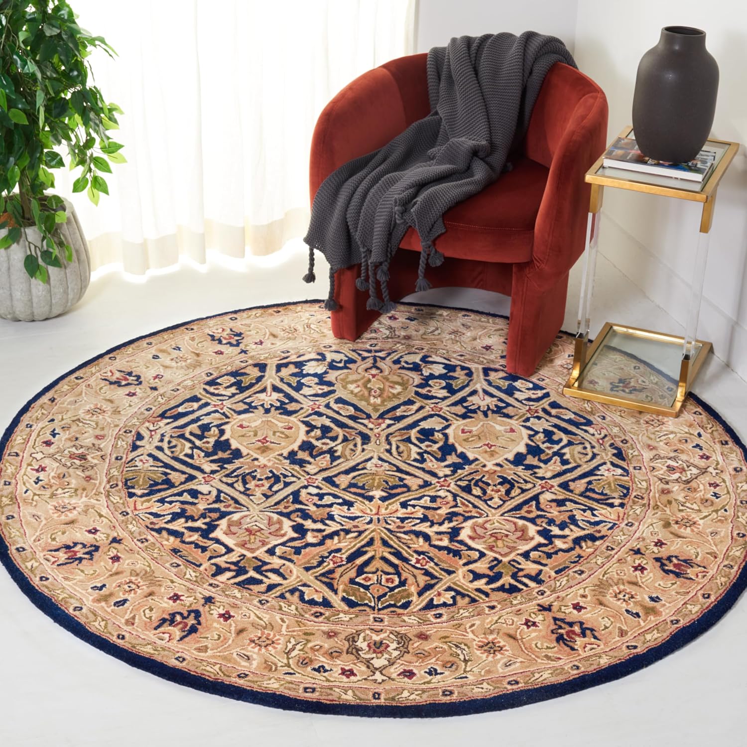 Export Quality Handmade Woollen Round Carpet – Timeless Floral Elegance