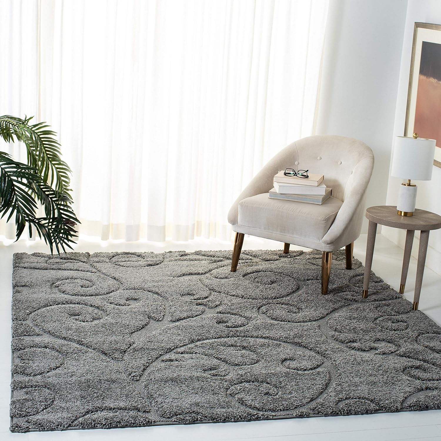 Dark Grey Ornamental Scroll Carpet & Rug